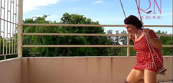 Cute housewife has fun without panties on the swing. Slut swings and shows her perfect pussy.